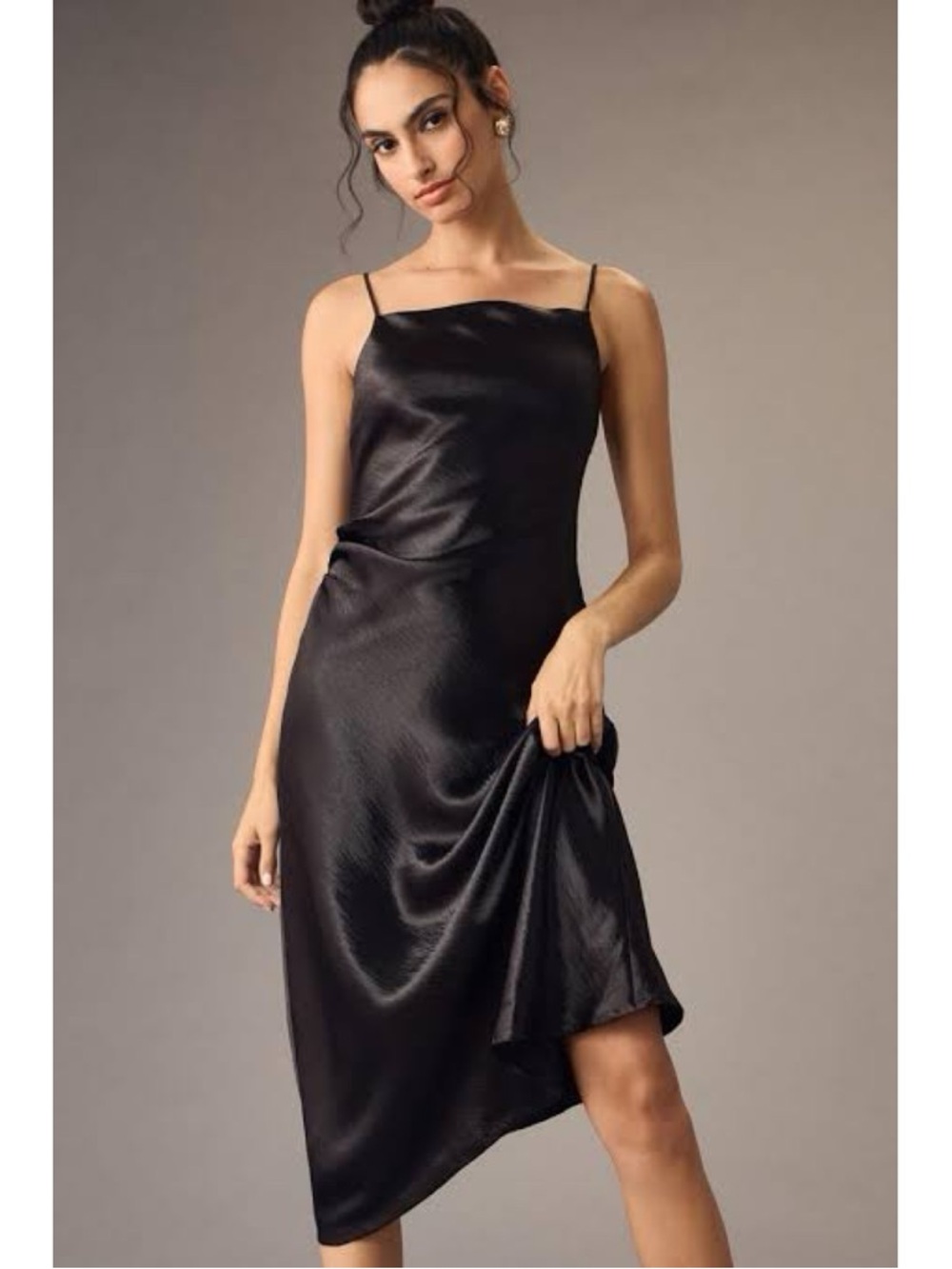 By Anthropologie Satin Cowl Neck Slip Dress Midi in black size medium
